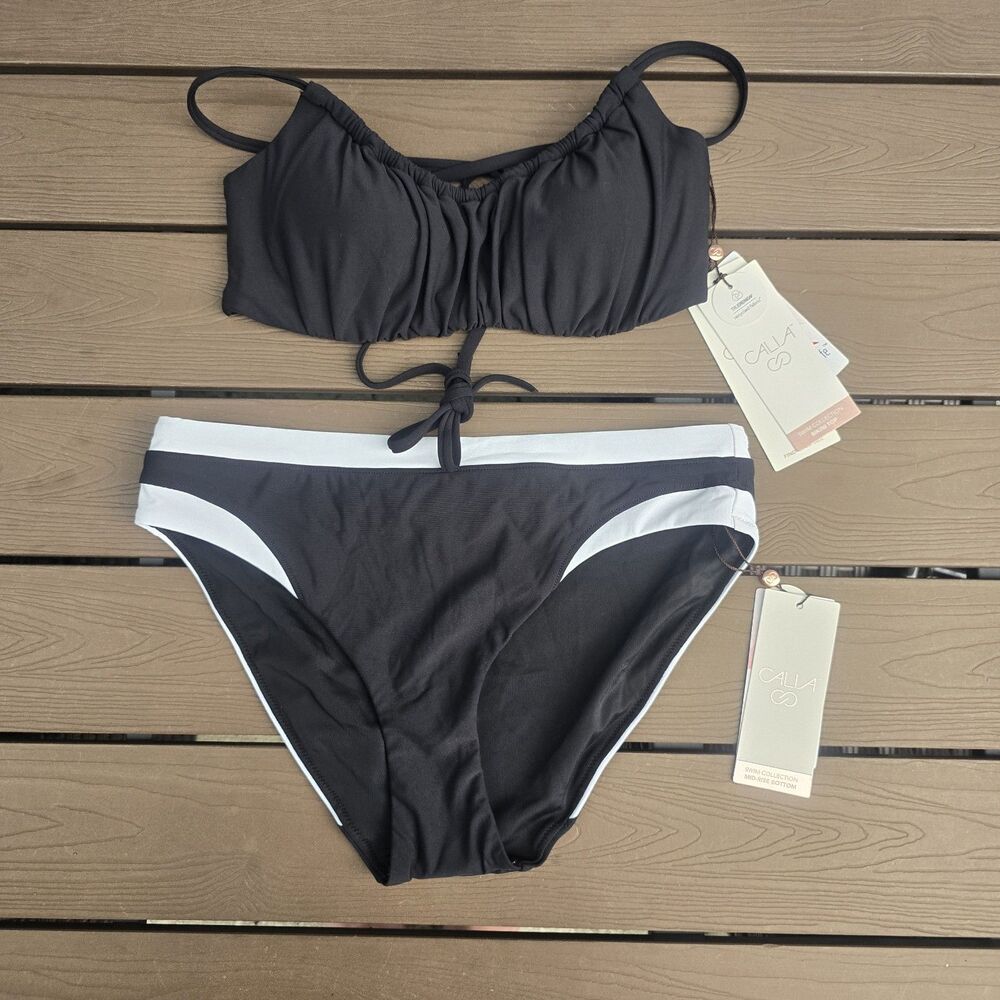 CALIA Women's Solid Black Scrunched Tie Top & Black Colorblock Bikini Sz XS New